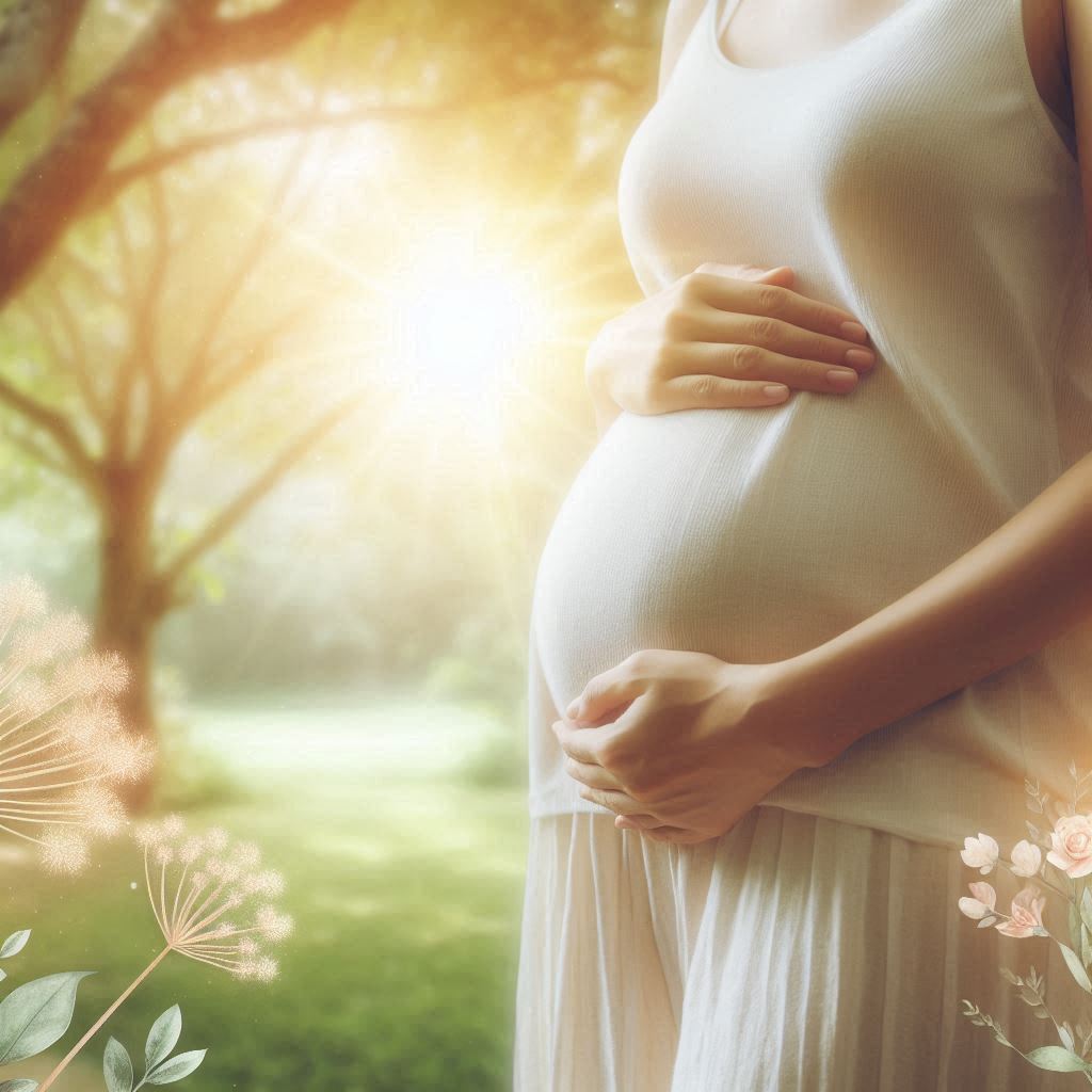 A serene, hopeful scene of a woman standing in nature, gently cradling her stomach, symbolizing healing and renewal after a miscarriage. She is surrounded by soft, warm sunlight filtering through trees, evoking peace and optimism. The background shows lush greenery and gentle floral elements, representing growth and new beginnings.