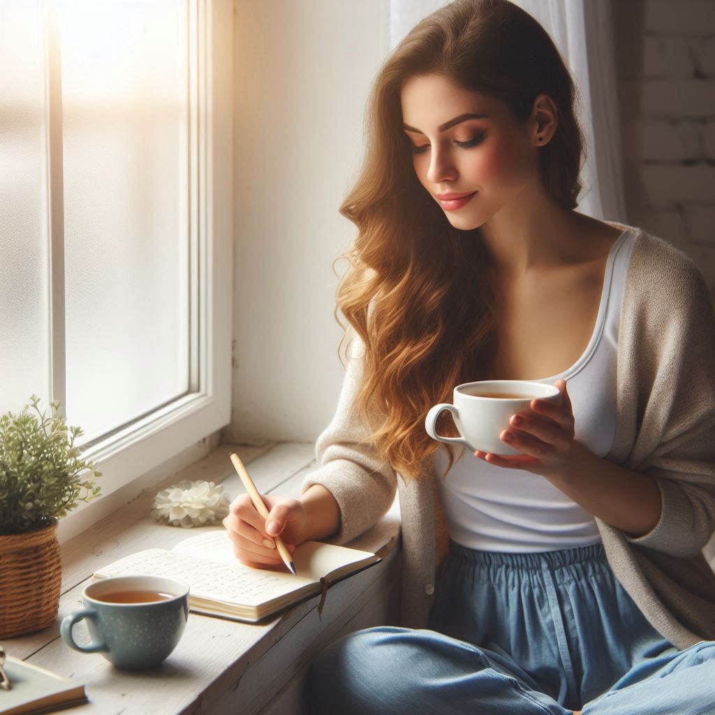 A hopeful scene of a woman sitting by a window with a journal and a cup of tea