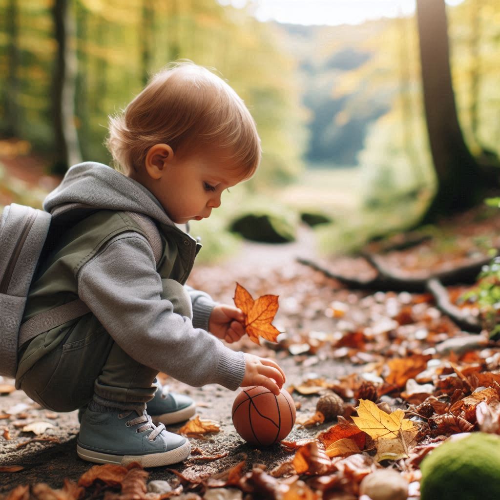 An outdoor scene of a toddler exploring nature, picking up leaves or playing with a ball. This captures the adventurous spirit of toddlers as they gain confidence in their surroundings