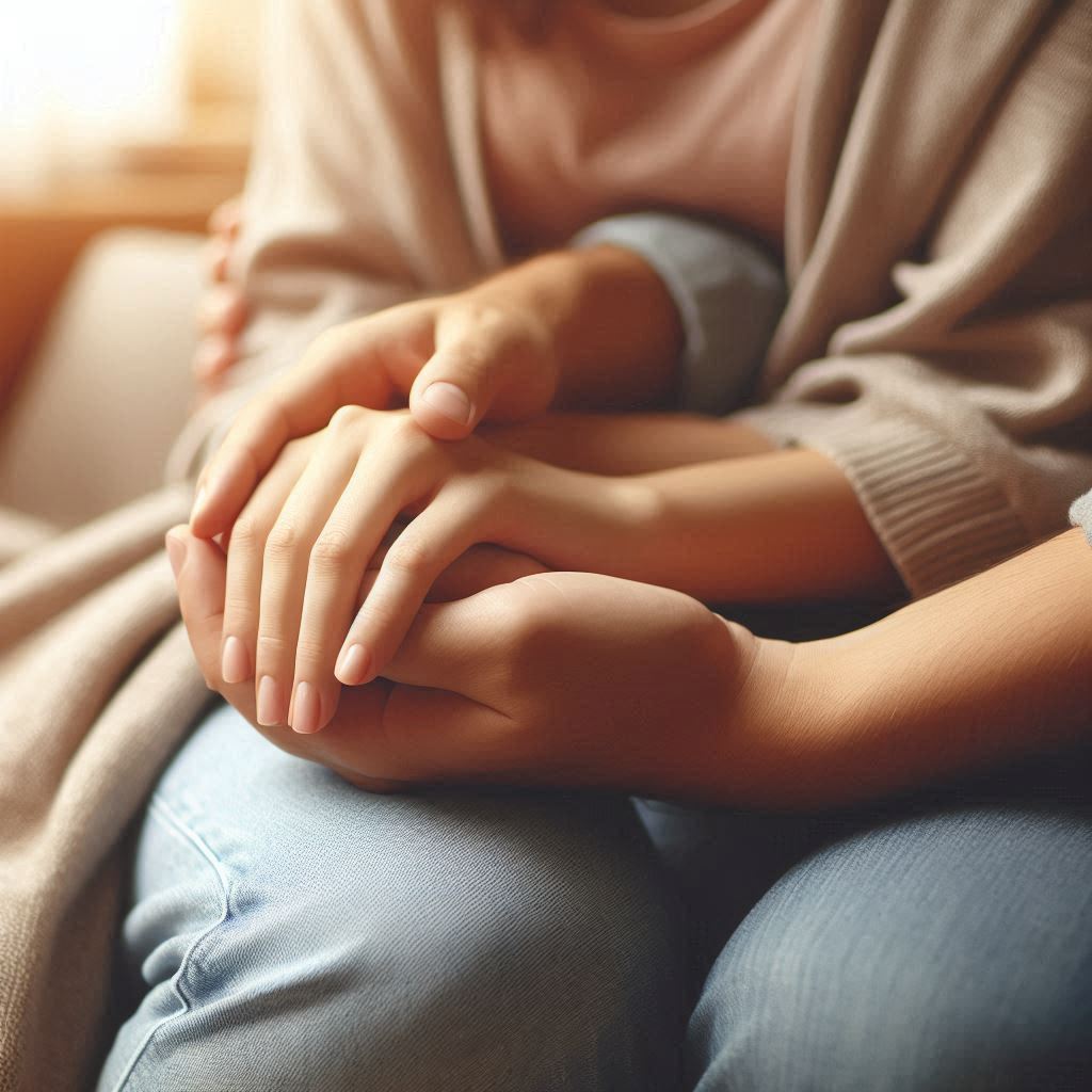 After a Miscarriage: Close-up of two hands, one belonging to a woman and another of a supportive partner