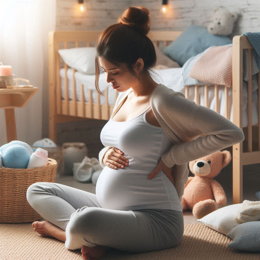 Show a late-stage pregnant woman seated with a hand on her lower back, visibly tired but serene. Surroundings like a nursery with baby items, soft blankets, and gentle lighting add warmth, showing her preparing for her upcoming delivery.