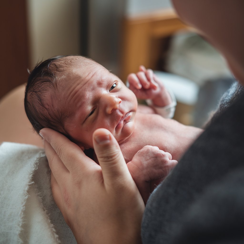 A close-up of a newborn's face while engaging in skin-to-skin contact with a parent. The image should capture the baby's calm expression and the parent's gentle touch, with a focus on their hands and the baby's tiny features. The setting should be cozy, perhaps in a nursery or hospital environment.