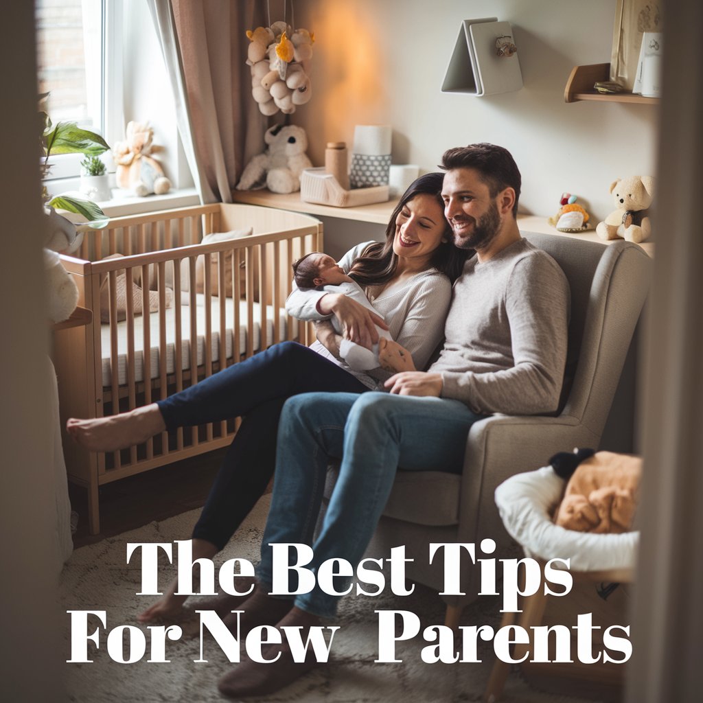 A cozy scene of a joyful couple holding their newborn in a softly lit nursery, surrounded by baby essentials like a crib, stuffed animals, and parenting books.