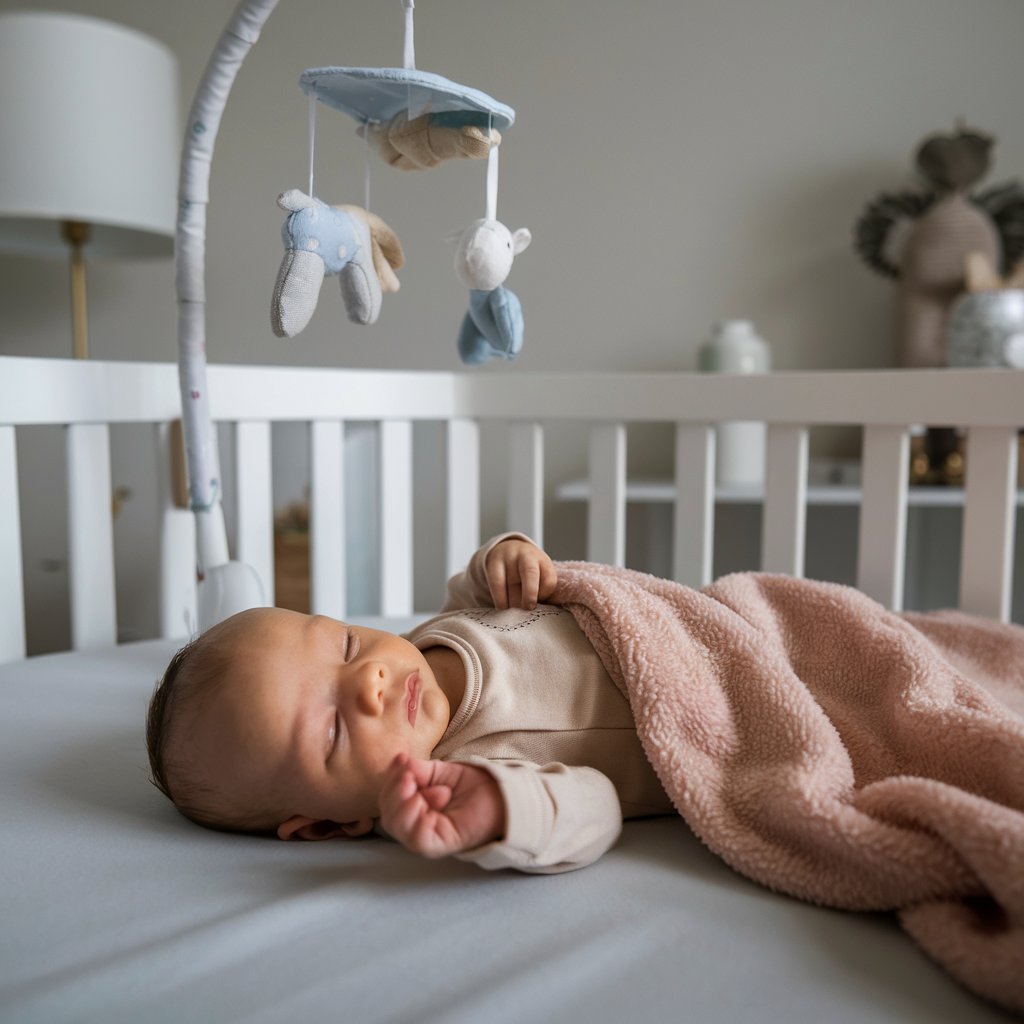 A close-up shot of a baby peacefully sleeping in a crib, with a soft blanket and a mobile hanging above. The atmosphere is tranquil, showcasing the innocence and fragility of newborn life.