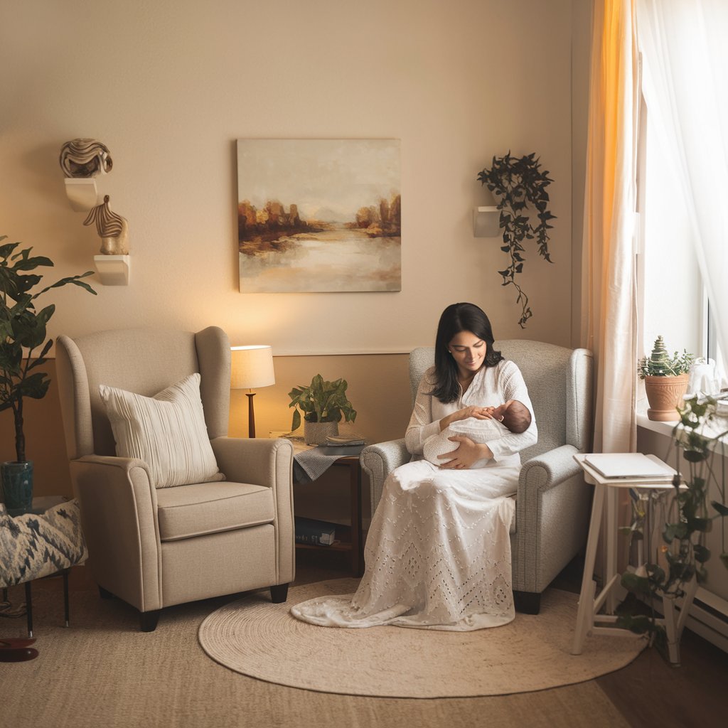 A serene postnatal environment with a mother cradling her newborn, creating a warm and inviting atmosphere