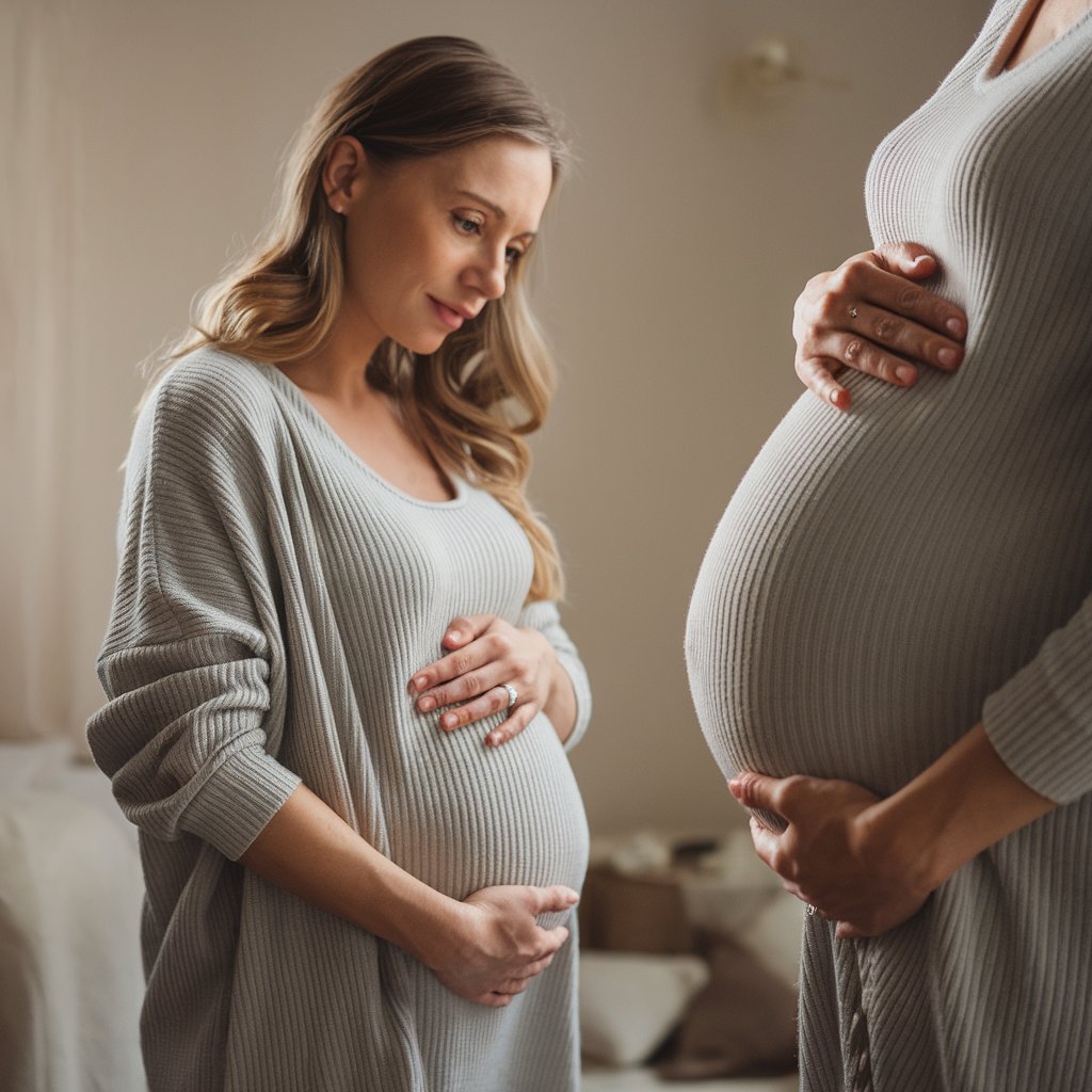 A pregnant woman in her third trimester holding her belly, standing in a calm, softly lit room. She has a thoughtful expression, emphasizing awareness of her pregnancy health. A close-up of her hand resting on her belly, with a serene background, subtly captures the theme of understanding risks and caring for health.