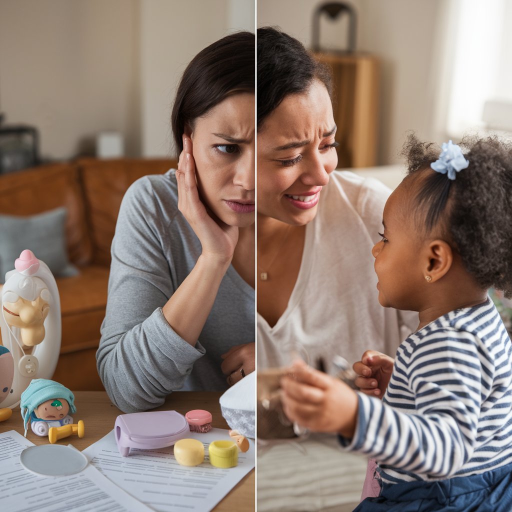 A split image showing two scenarios: on one side, a woman feeling overwhelmed, surrounded by baby items and paperwork, with a worried expression; on the other side, the same woman smiling and engaging positively with her child, illustrating the contrast between antenatal and postnatal depression and recovery.