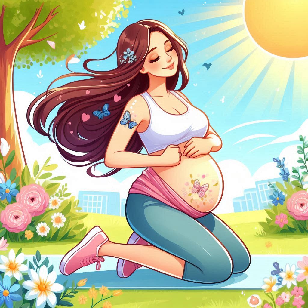 Illustrate a pregnant woman with an energetic and content expression, perhaps doing light exercises or enjoying a walk in a park. Her baby bump is clearly visible, and her setting is vibrant, with blooming flowers and sunlight, symbolizing the golden trimester.