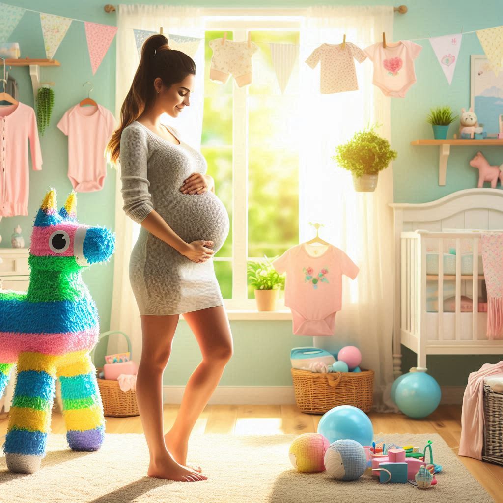 pregnant woman (28 weeks along) standing in a nursery