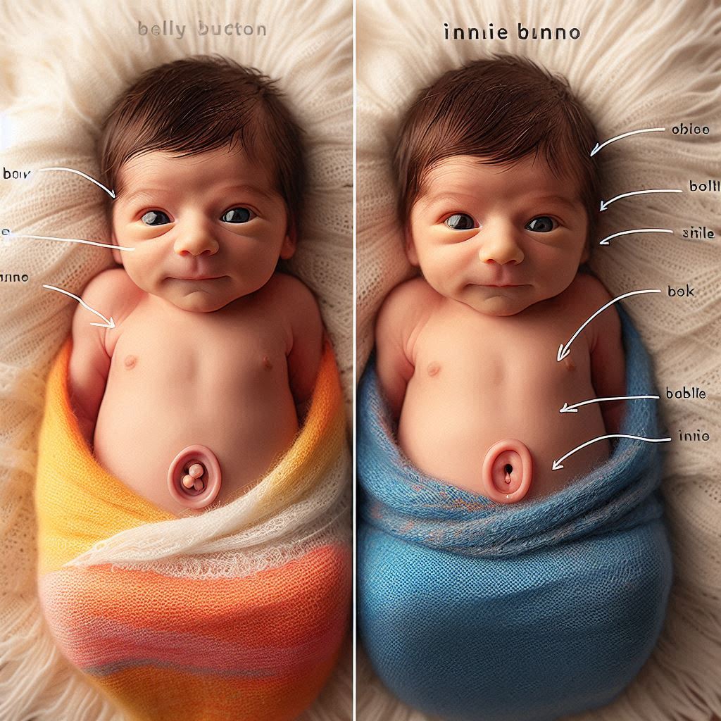 A split image showing a newborn with an outie belly button on one side and an innie belly button on the other. Each belly button is labeled clearly. The babies are wrapped in colorful blankets, creating a visually engaging comparison of the two belly button types.