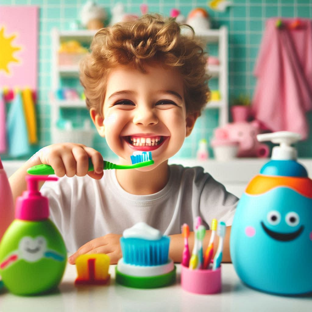 A child happily brushing their teeth in a colorful bathroom. Self-care for Kids