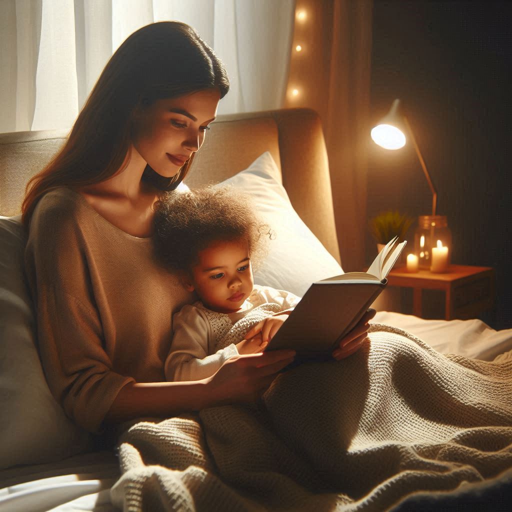 A cozy bedtime scene with a parent reading a book to their child in a softly lit bedroom. The child is snuggled under a blanket, promoting the importance of a bedtime routine and family connection.