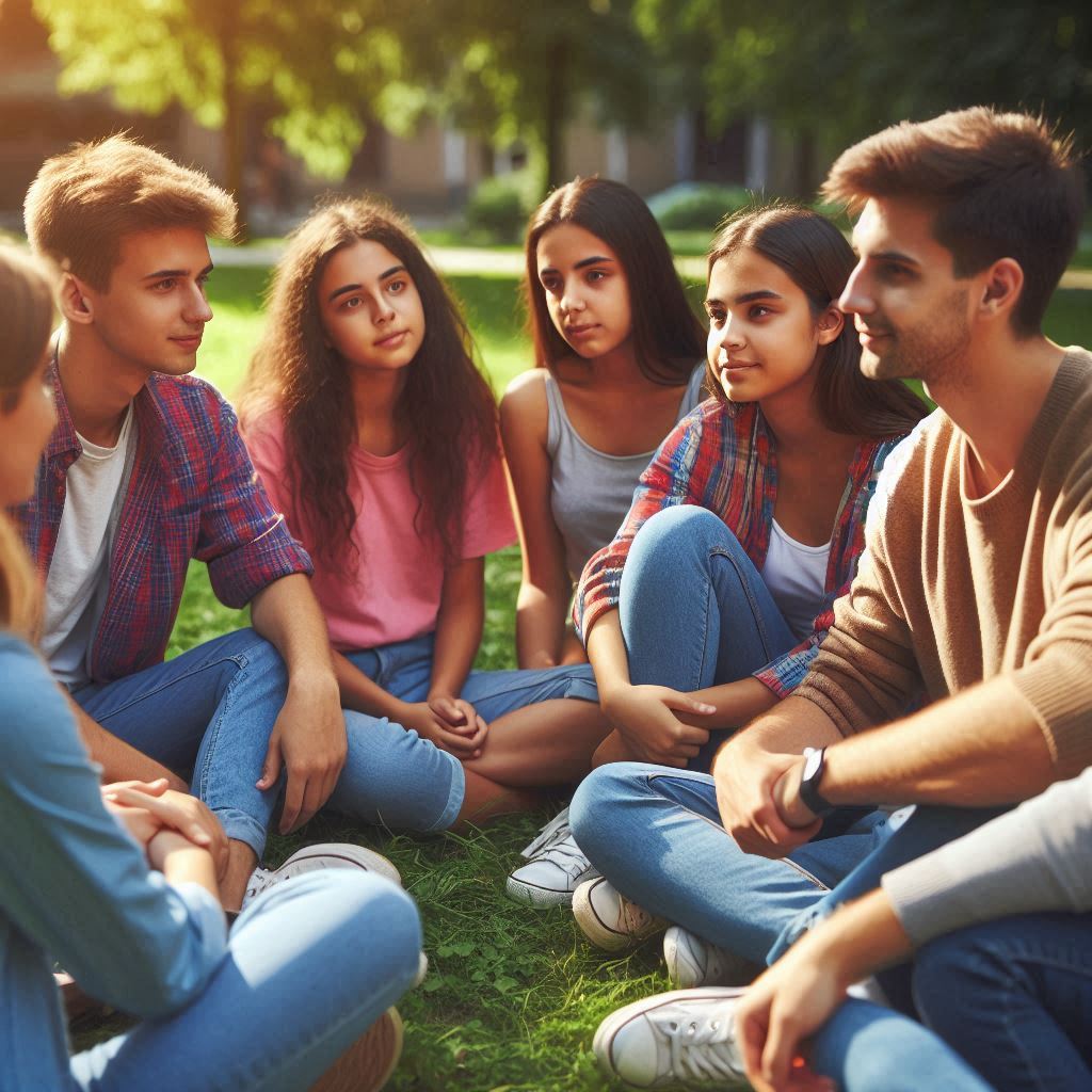 An image of a diverse group of teenagers sitting in a relaxed, outdoor setting, such as a park, having an open conversation with a caring adult.